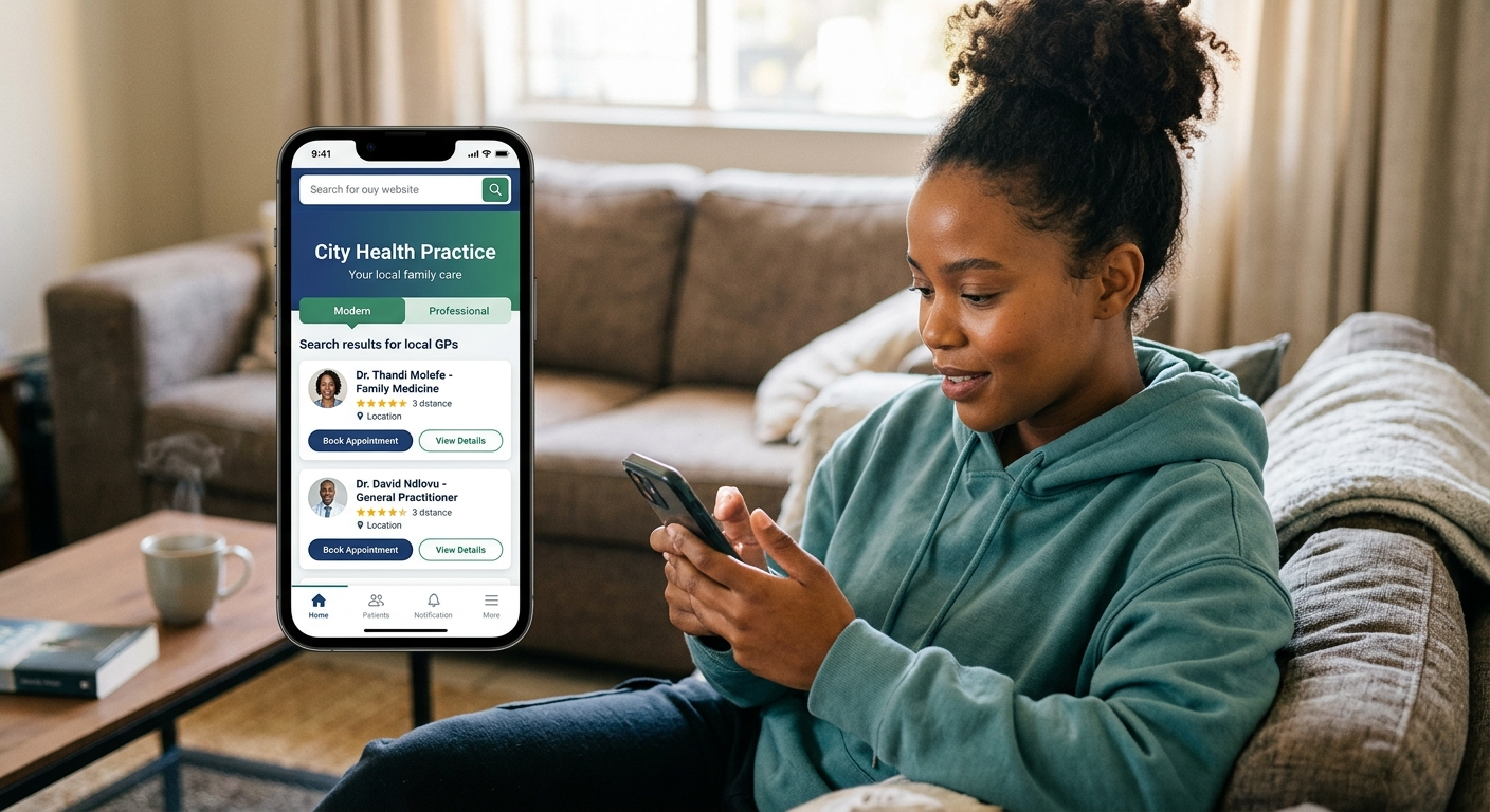 Patient searching for a medical practice on their smartphone in South Africa