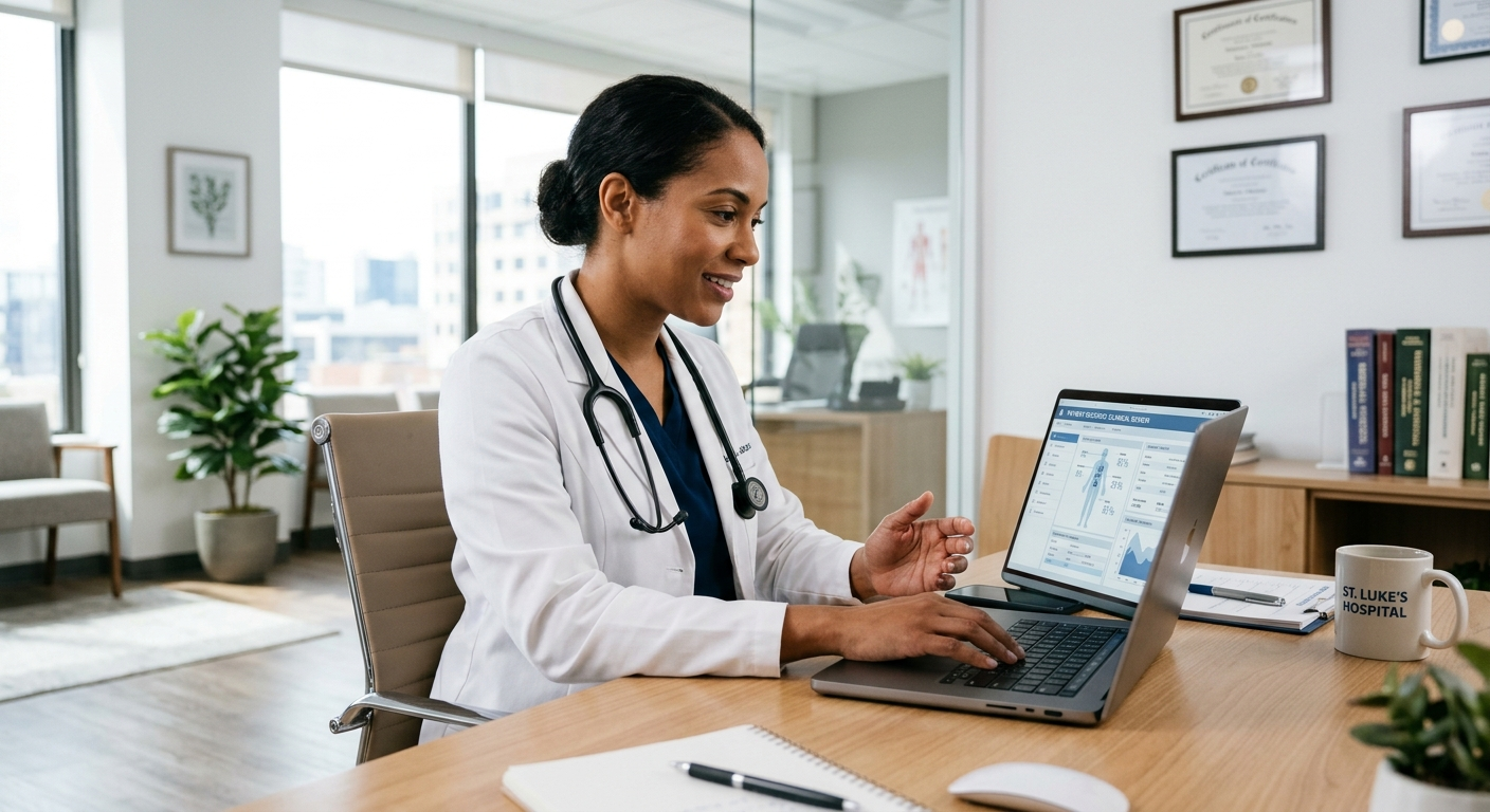 Healthcare practitioner reviewing HPCSA compliance on a laptop